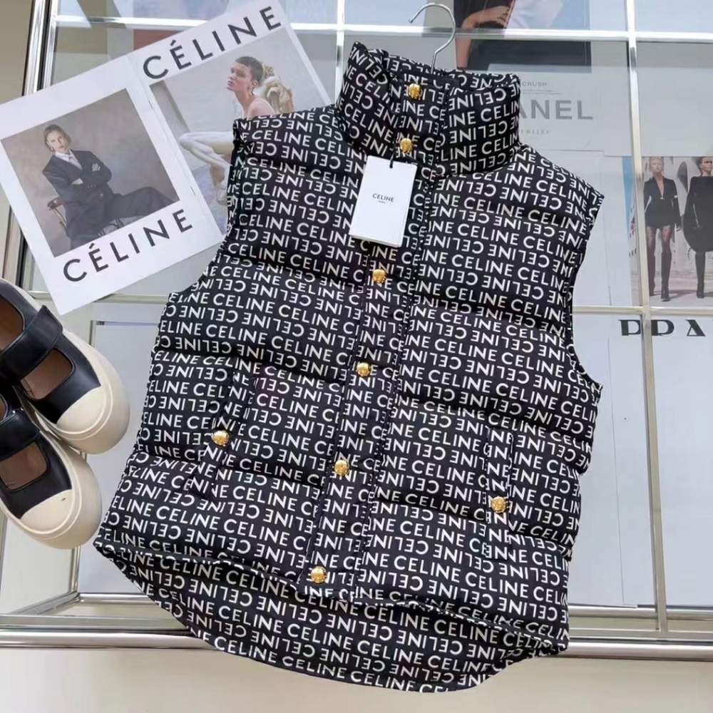 Celine Black and White Logo Letter Down Vest